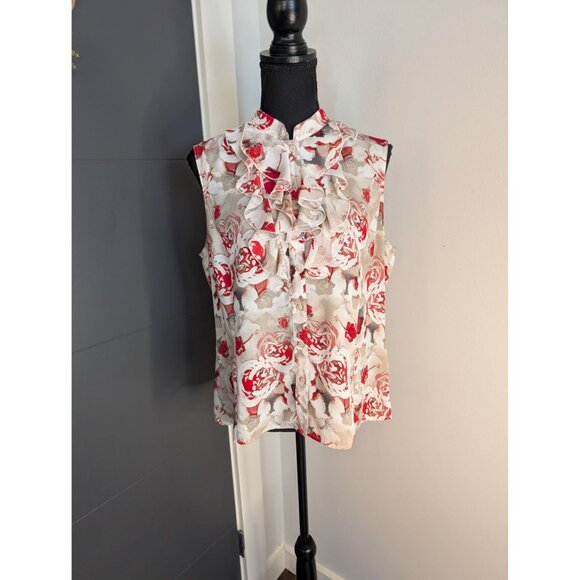Tahari ASL Tops - Tahari ASL‎ Petite Gray and Red Floral Ruffle Button-Down Sleeveless Blouse - PL
